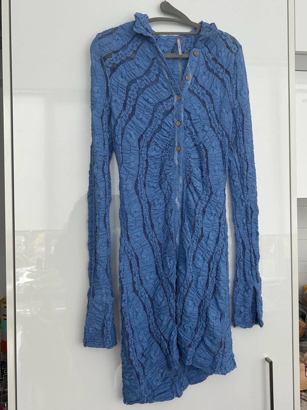 Free People Blue Textured Long-Sleeve Button Front Top